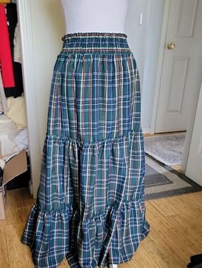 Vine And Love Green Plaid Tiered Maxi Skirt
